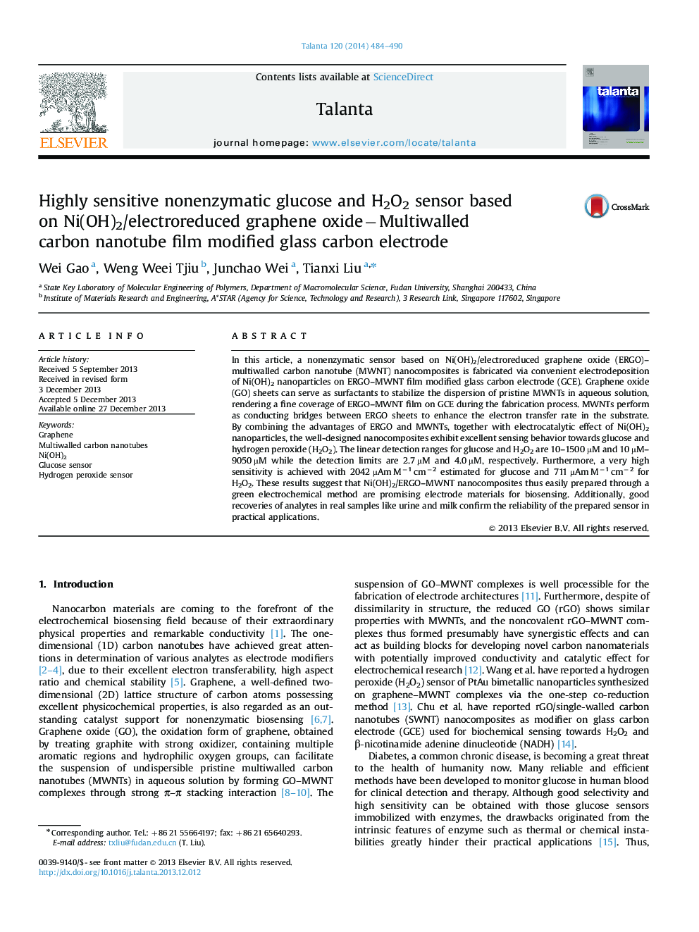 Highly sensitive nonenzymatic glucose and H2O2 sensor based on Ni(OH)2/electroreduced graphene oxideâMultiwalled carbon nanotube film modified glass carbon electrode