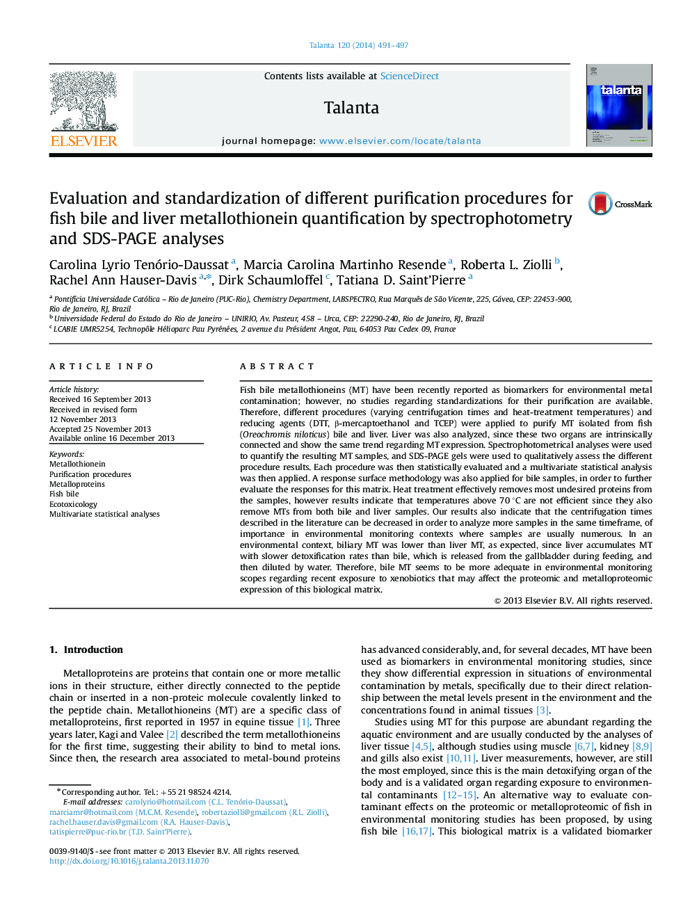 Evaluation and standardization of different purification procedures for fish bile and liver metallothionein quantification by spectrophotometry and SDS-PAGE analyses
