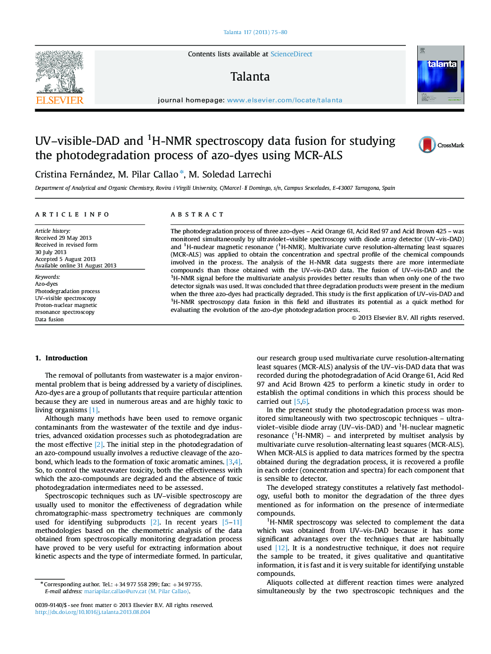 UV-visible-DAD and 1H-NMR spectroscopy data fusion for studying the photodegradation process of azo-dyes using MCR-ALS