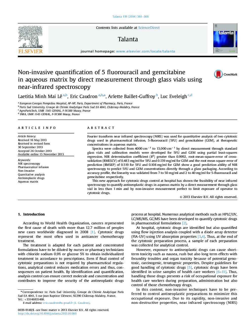 Non-invasive quantification of 5 fluorouracil and gemcitabine in aqueous matrix by direct measurement through glass vials using near-infrared spectroscopy