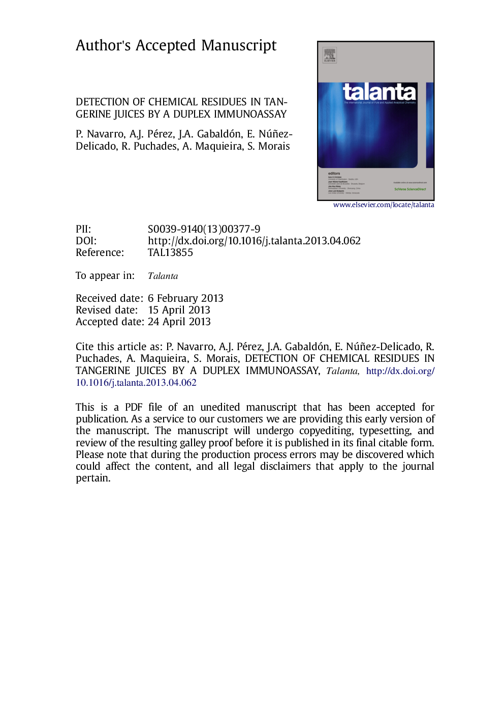 Detection of chemical residues in tangerine juices by a duplex immunoassay