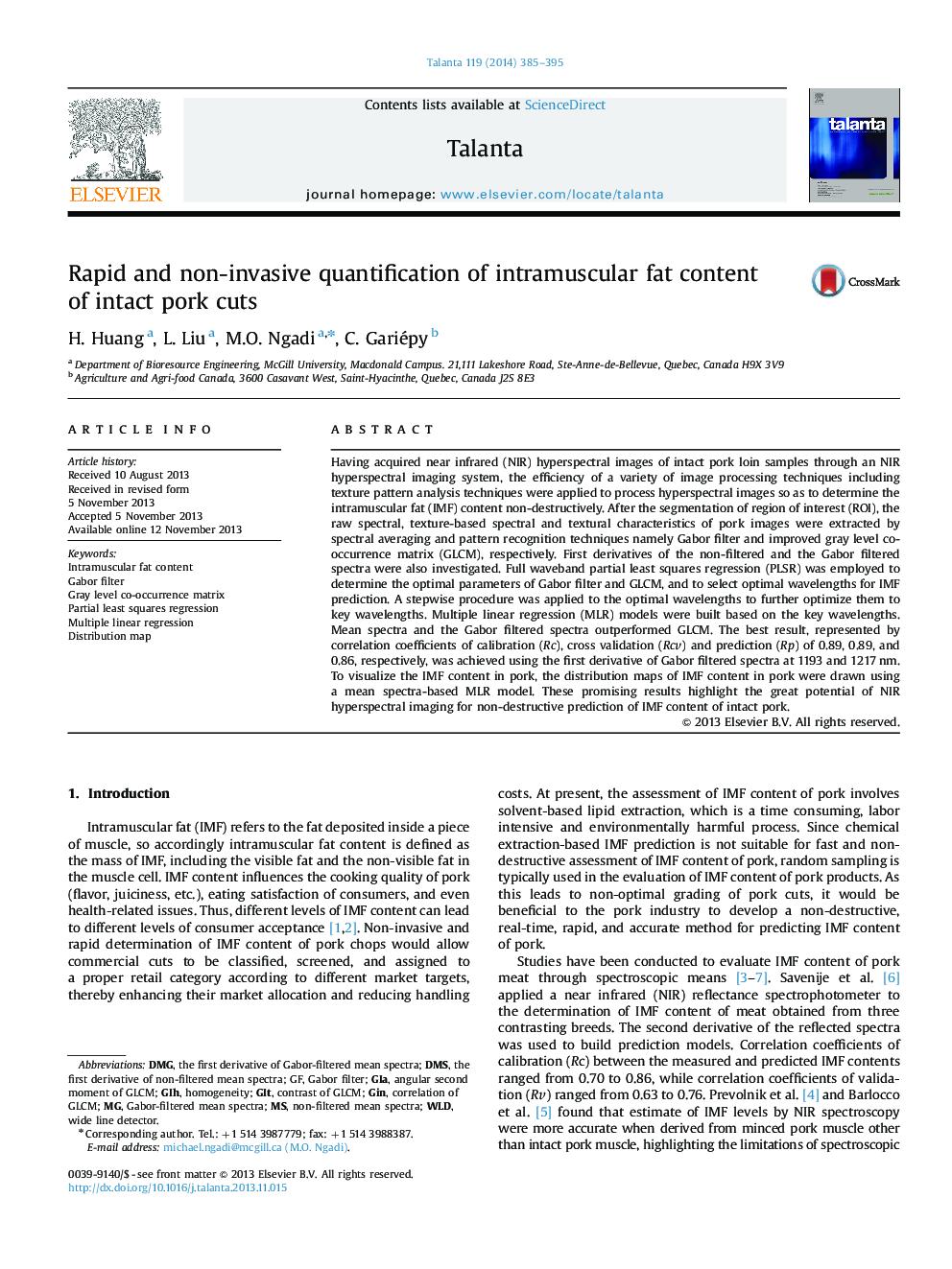 Rapid and non-invasive quantification of intramuscular fat content of intact pork cuts