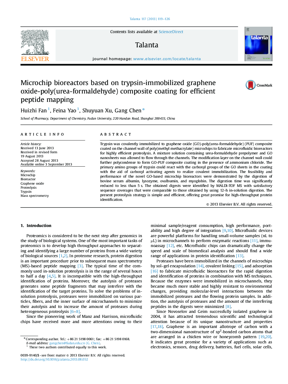 Microchip bioreactors based on trypsin-immobilized graphene oxide-poly(urea-formaldehyde) composite coating for efficient peptide mapping