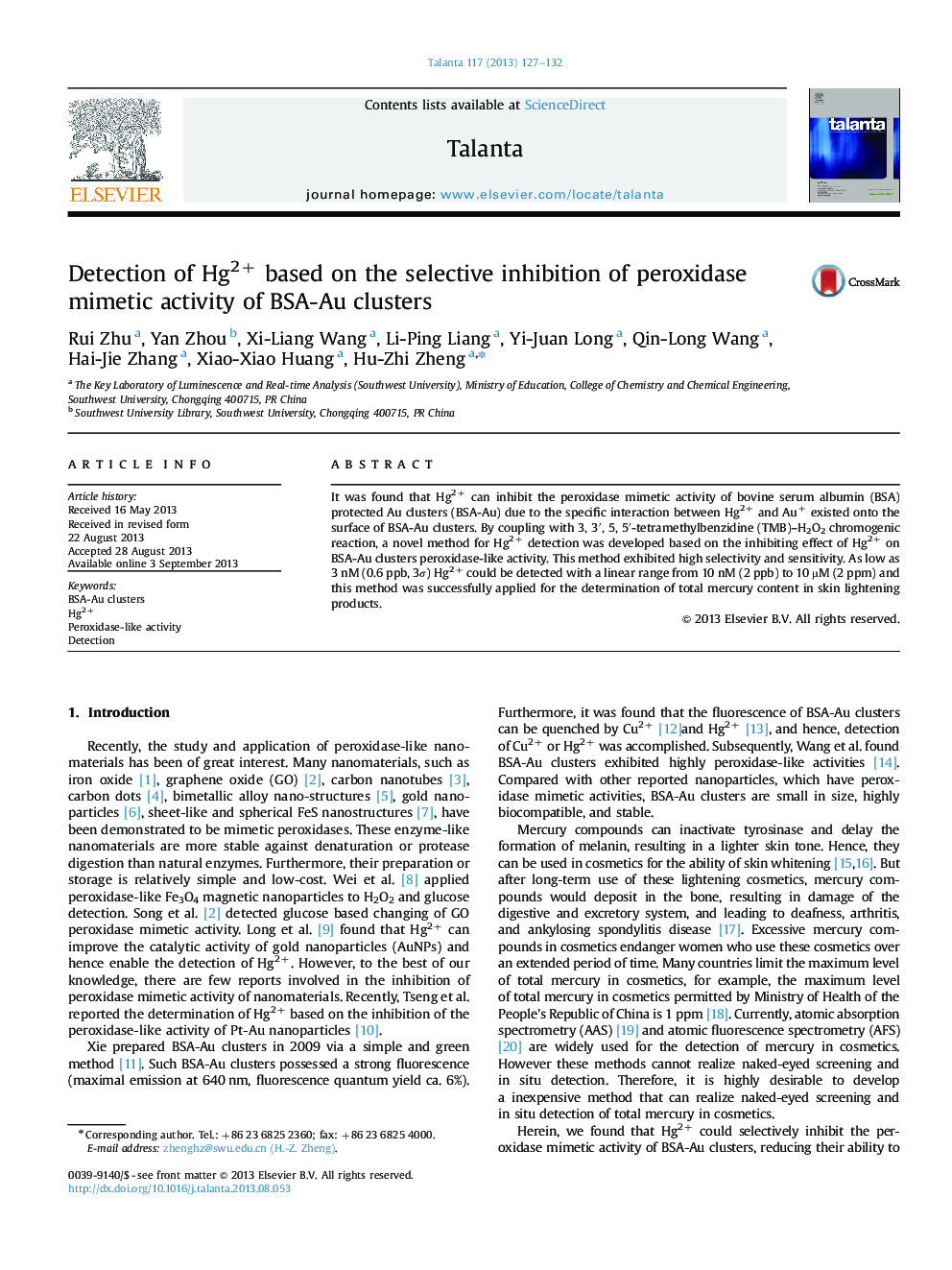 Detection of Hg2+ based on the selective inhibition of peroxidase mimetic activity of BSA-Au clusters