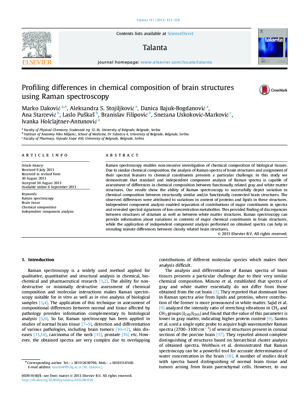 Profiling differences in chemical composition of brain structures using Raman spectroscopy