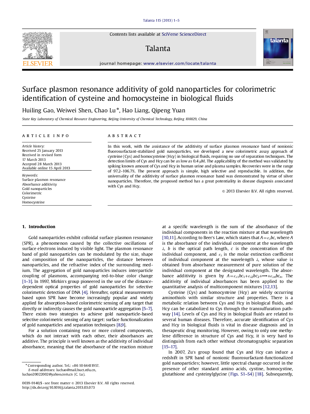 Surface plasmon resonance additivity of gold nanoparticles for colorimetric identification of cysteine and homocysteine in biological fluids