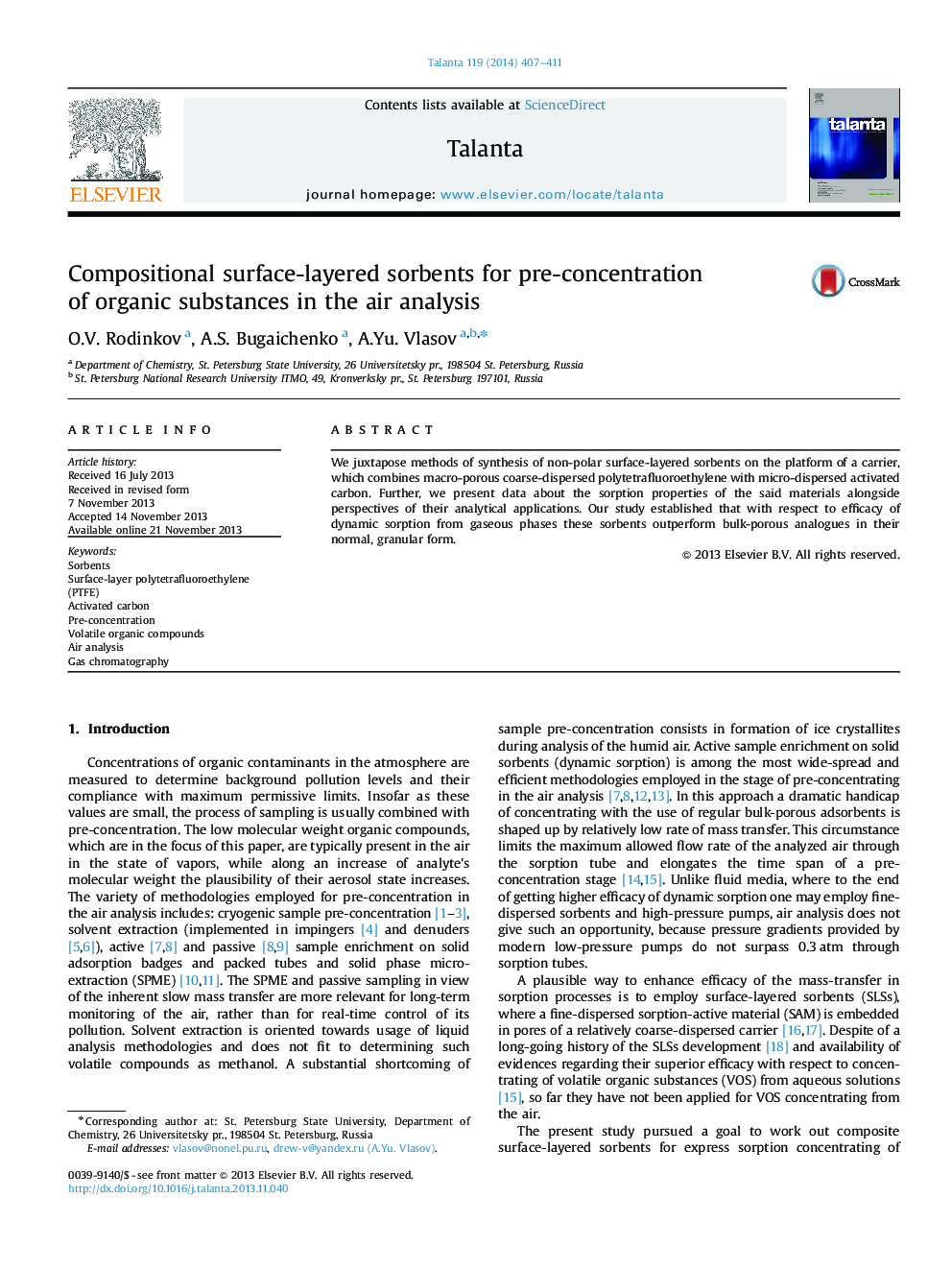 Compositional surface-layered sorbents for pre-concentration of organic substances in the air analysis