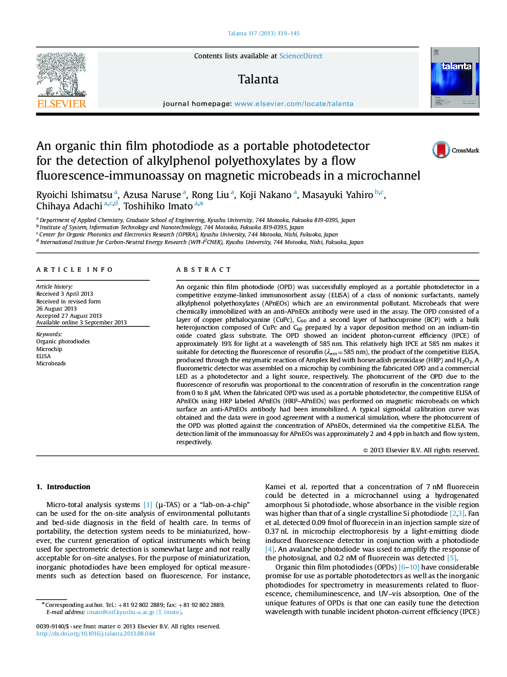 An organic thin film photodiode as a portable photodetector for the detection of alkylphenol polyethoxylates by a flow fluorescence-immunoassay on magnetic microbeads in a microchannel