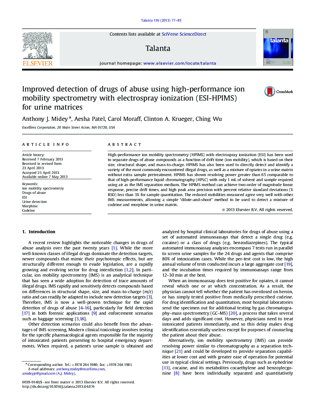 Improved detection of drugs of abuse using high-performance ion mobility spectrometry with electrospray ionization (ESI-HPIMS) for urine matrices