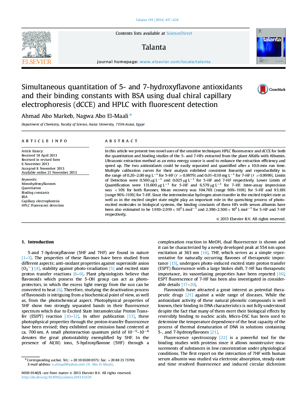 Simultaneous quantitation of 5- and 7-hydroxyflavone antioxidants and their binding constants with BSA using dual chiral capillary electrophoresis (dCCE) and HPLC with fluorescent detection