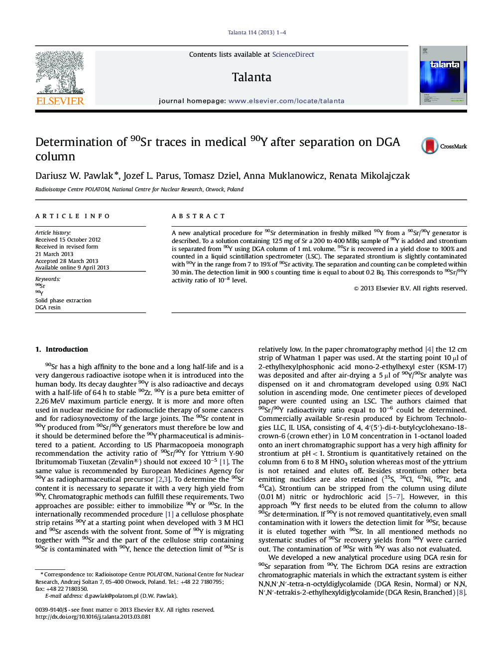 Determination of 90Sr traces in medical 90Y after separation on DGA column