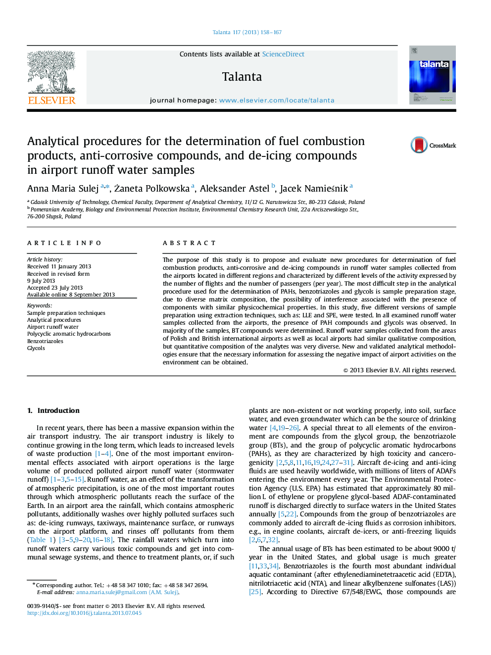 Analytical procedures for the determination of fuel combustion products, anti-corrosive compounds, and de-icing compounds in airport runoff water samples