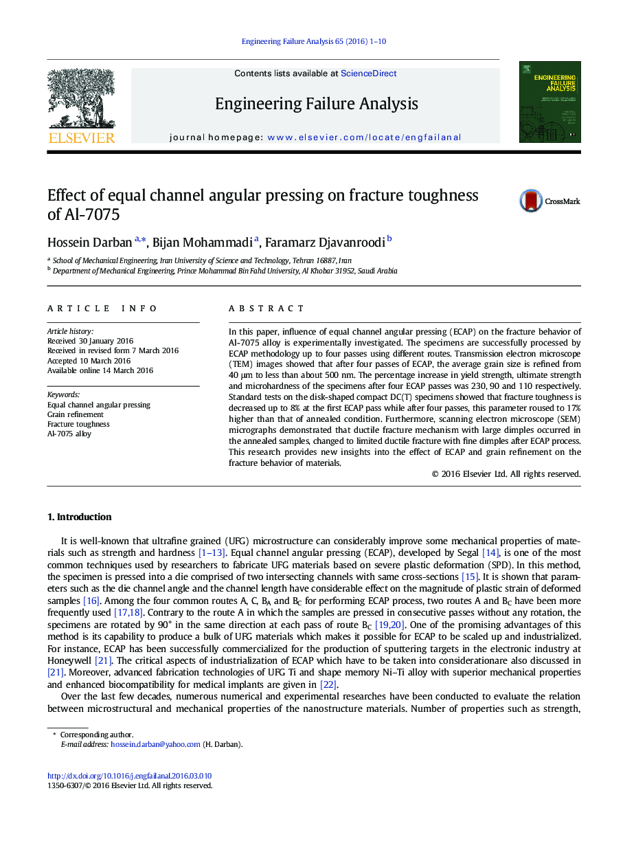 Effect of equal channel angular pressing on fracture toughness of Al-7075