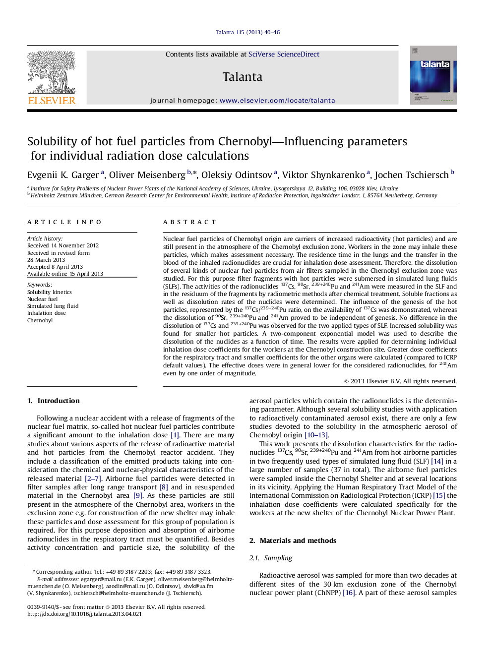 حلالیت ذرات داغ از پارامترهای تحت تاثیر چرنوبیل برای محاسبه دوز تابش فردی 