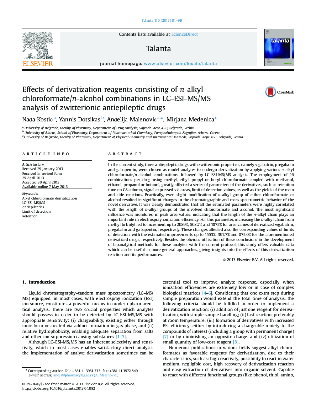 Effects of derivatization reagents consisting of n-alkyl chloroformate/n-alcohol combinations in LC-ESI-MS/MS analysis of zwitterionic antiepileptic drugs
