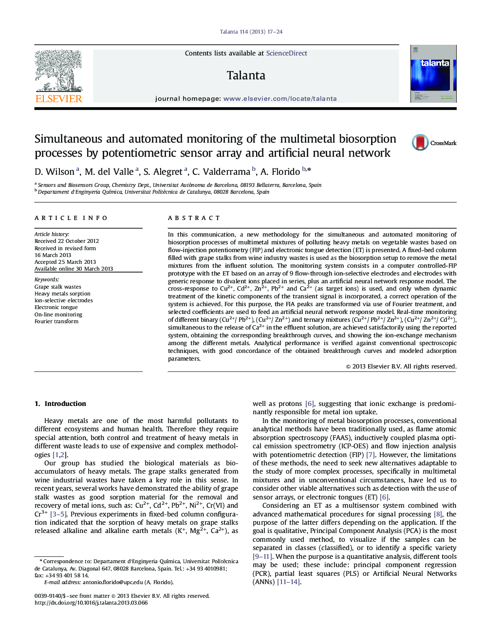 Simultaneous and automated monitoring of the multimetal biosorption processes by potentiometric sensor array and artificial neural network