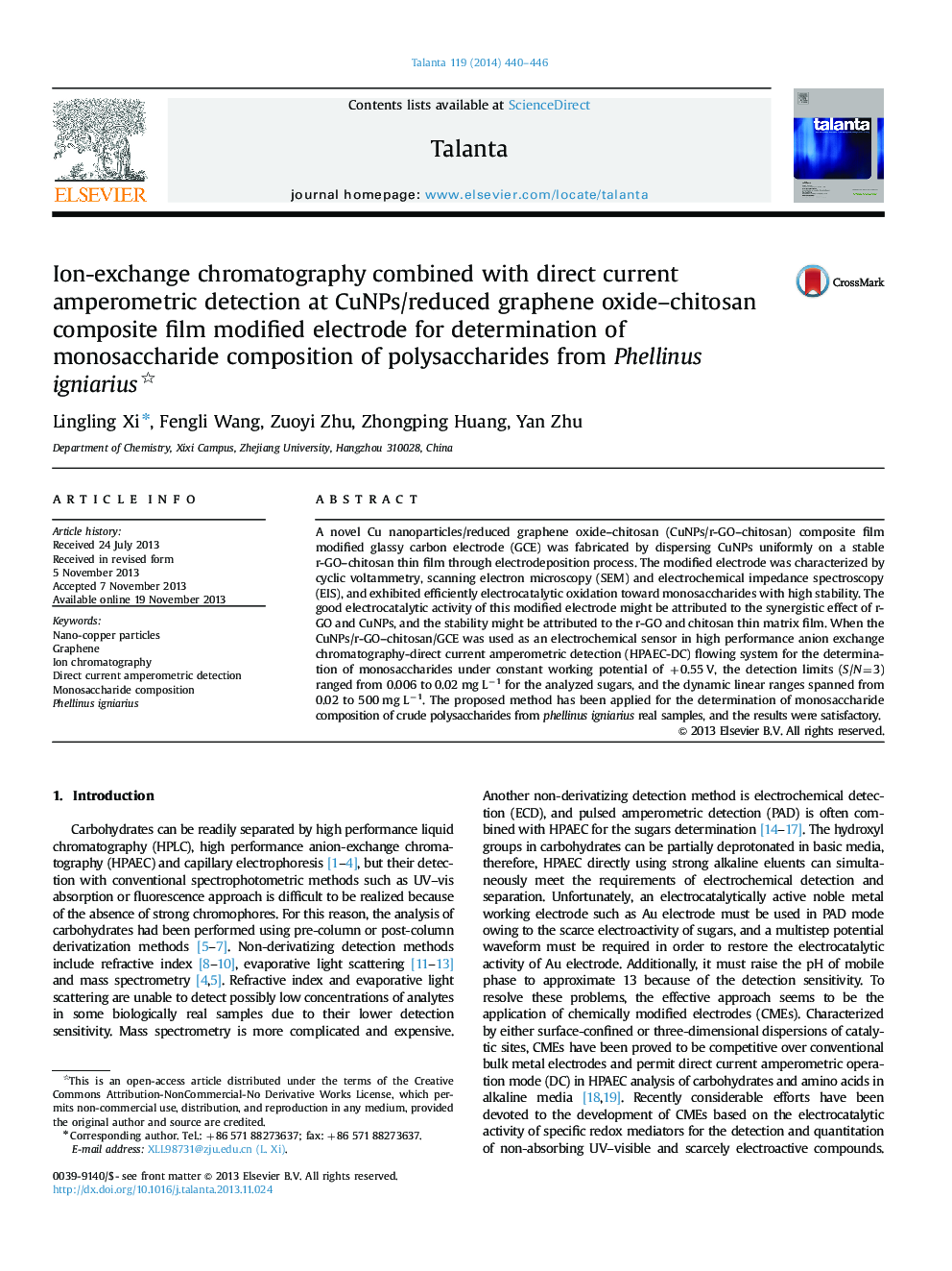 Ion-exchange chromatography combined with direct current amperometric detection at CuNPs/reduced graphene oxide-chitosan composite film modified electrode for determination of monosaccharide composition of polysaccharides from Phellinus igniarius