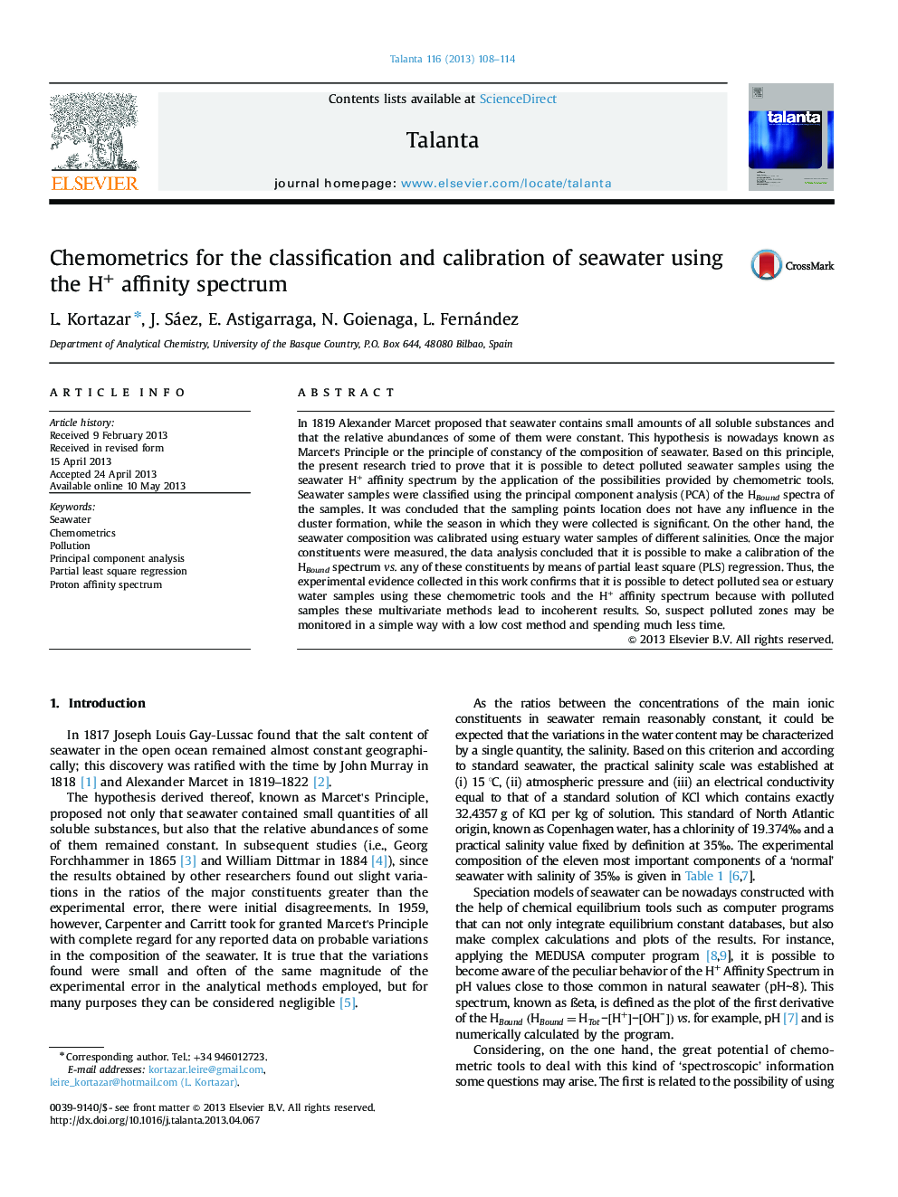 Chemometrics for the classification and calibration of seawater using the H+ affinity spectrum