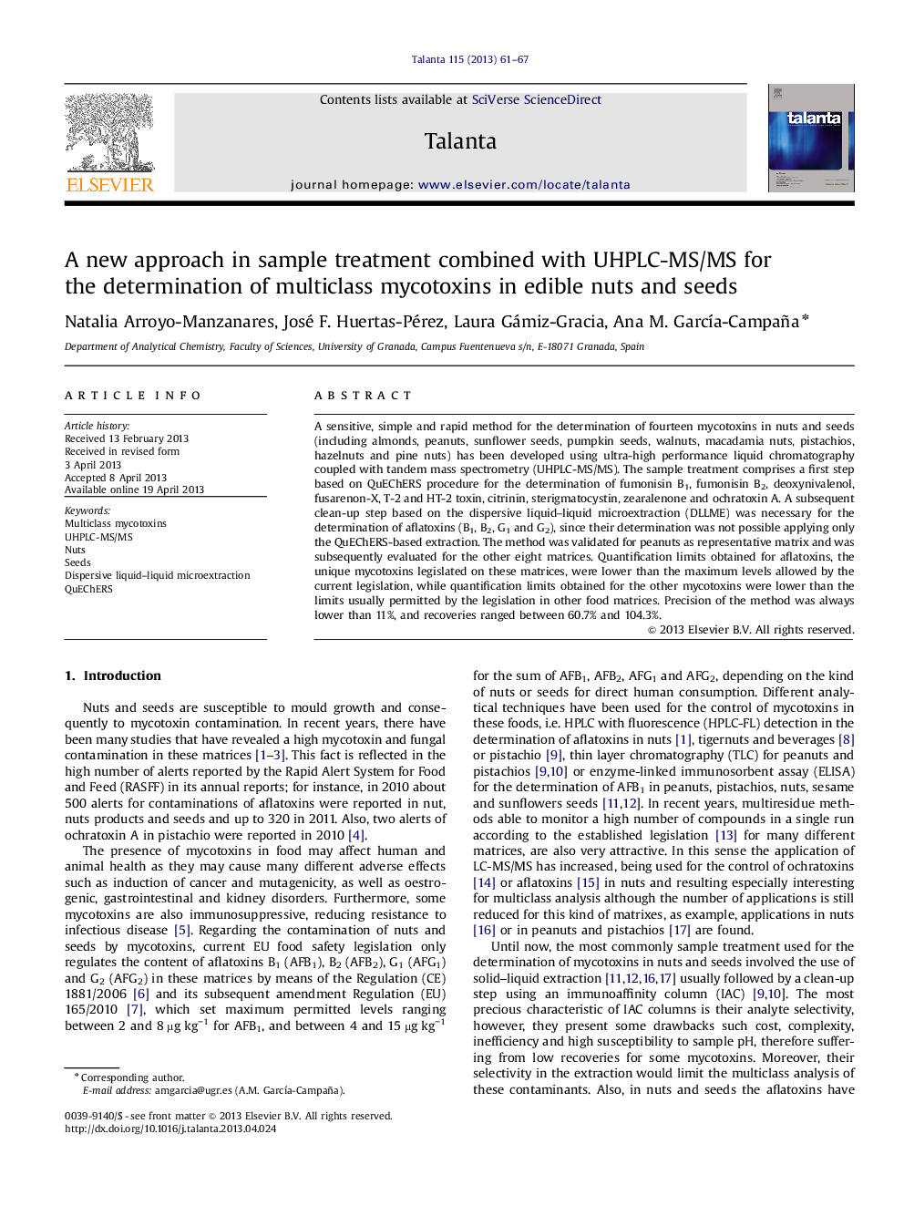 A new approach in sample treatment combined with UHPLC-MS/MS for the determination of multiclass mycotoxins in edible nuts and seeds