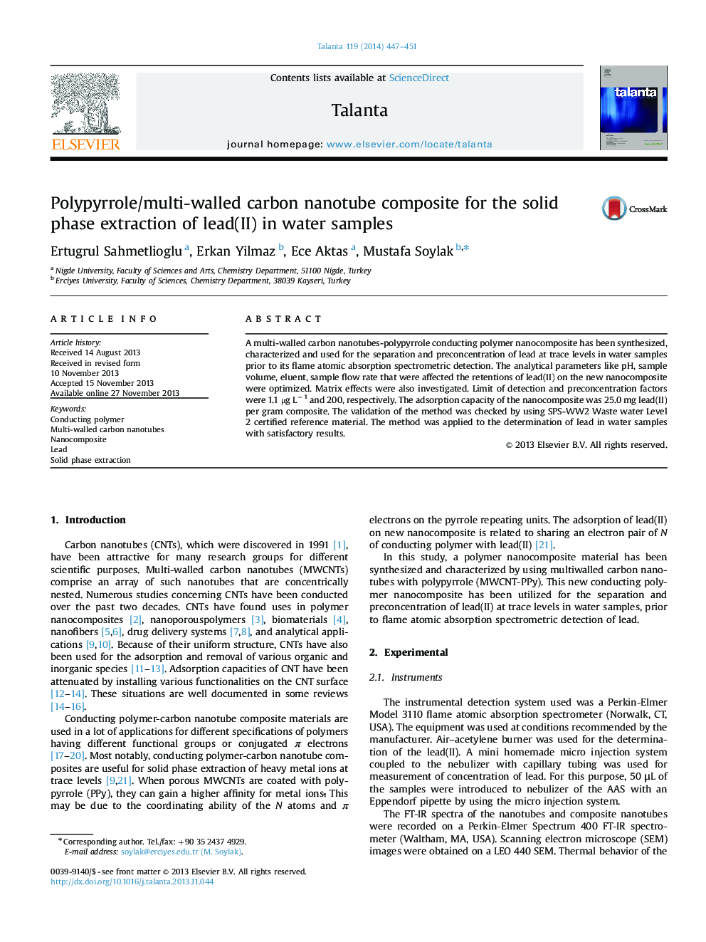 Polypyrrole/multi-walled carbon nanotube composite for the solid phase extraction of lead(II) in water samples