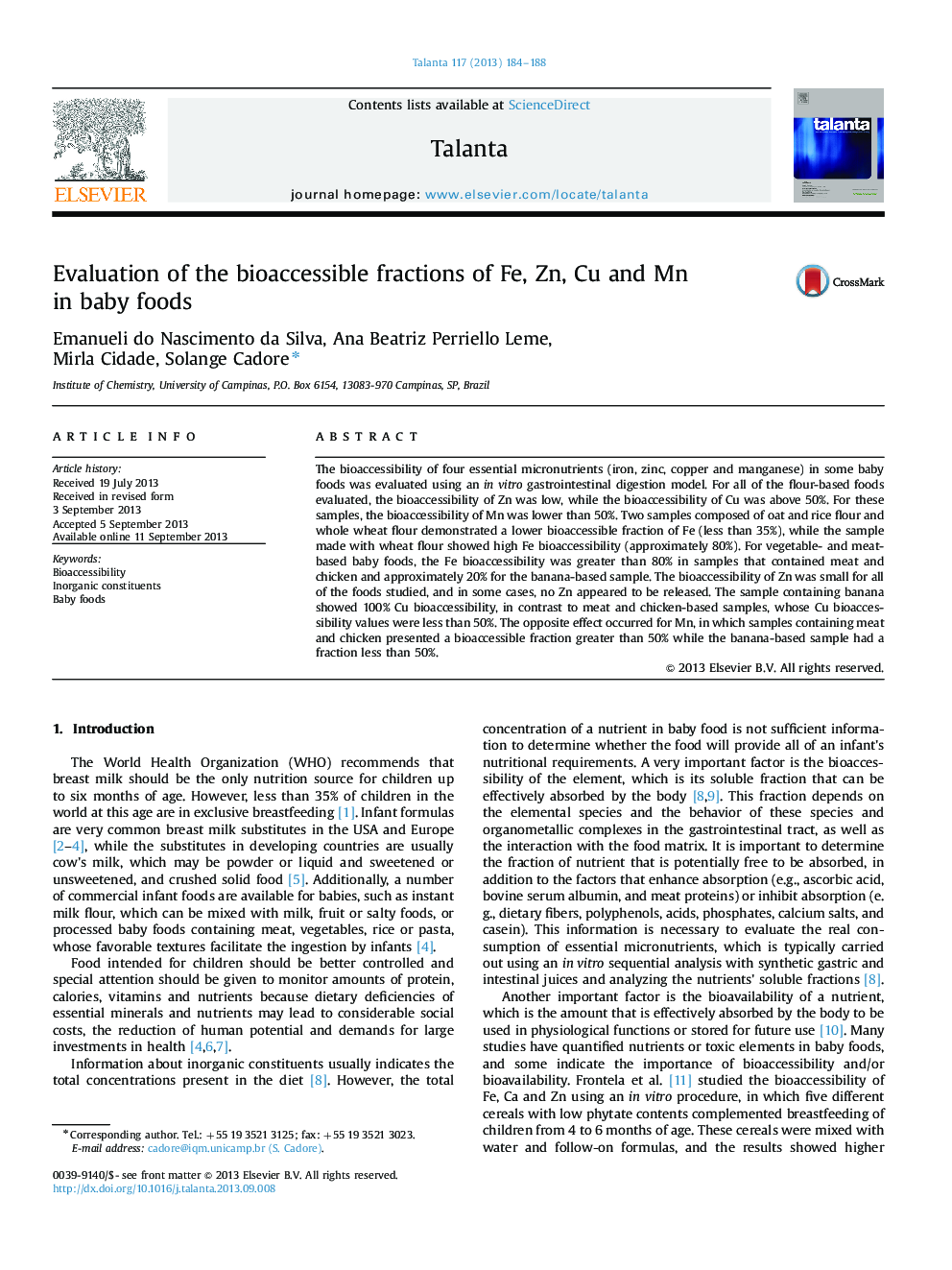 Evaluation of the bioaccessible fractions of Fe, Zn, Cu and Mn in baby foods