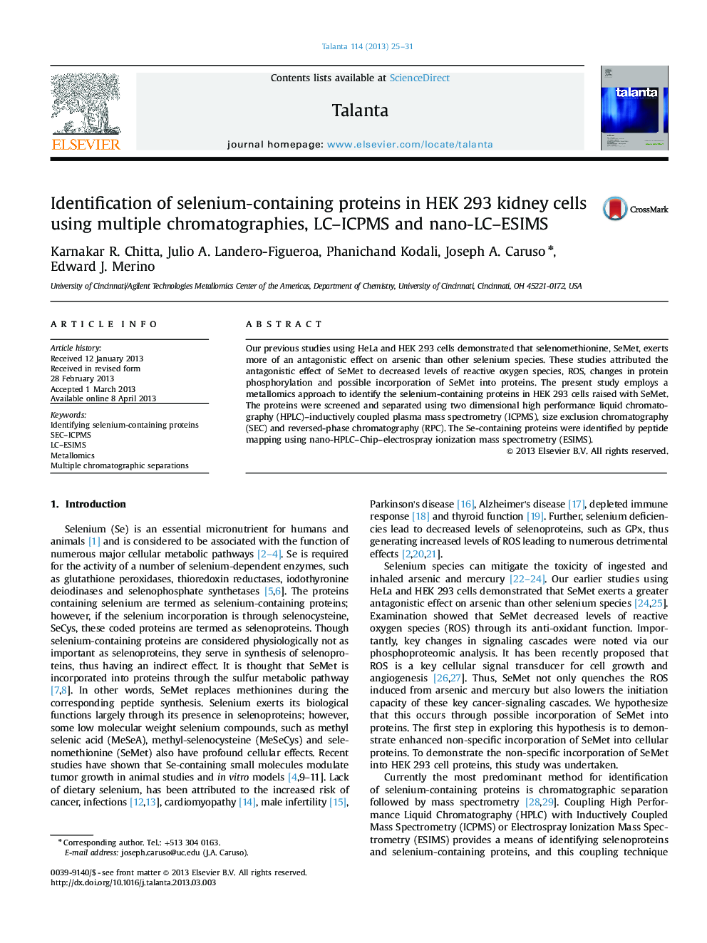 Identification of selenium-containing proteins in HEK 293 kidney cells using multiple chromatographies, LC-ICPMS and nano-LC-ESIMS