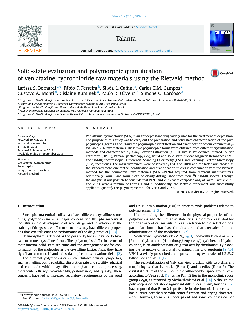 Solid-state evaluation and polymorphic quantification of venlafaxine hydrochloride raw materials using the Rietveld method