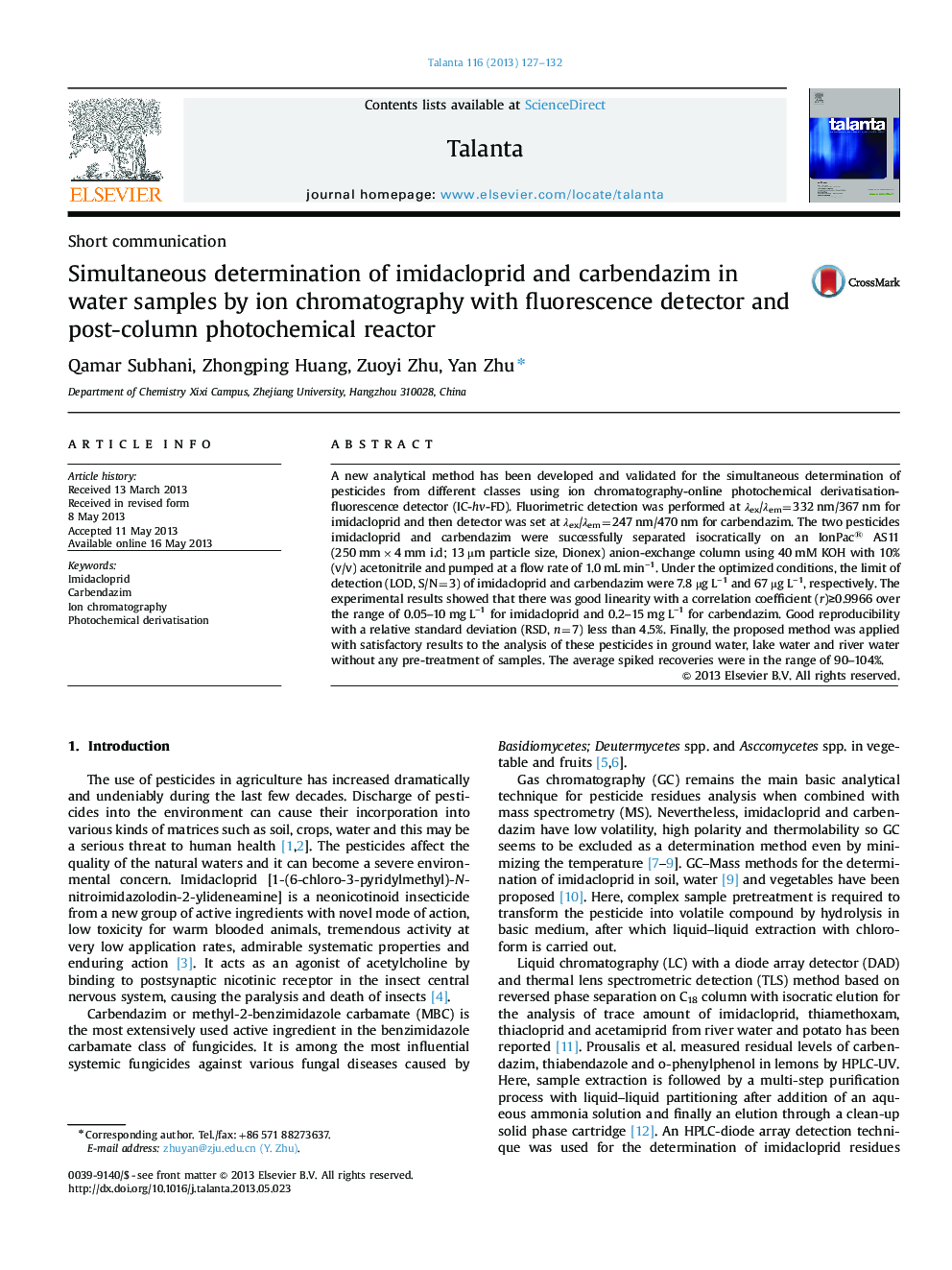 Simultaneous determination of imidacloprid and carbendazim in water samples by ion chromatography with fluorescence detector and post-column photochemical reactor