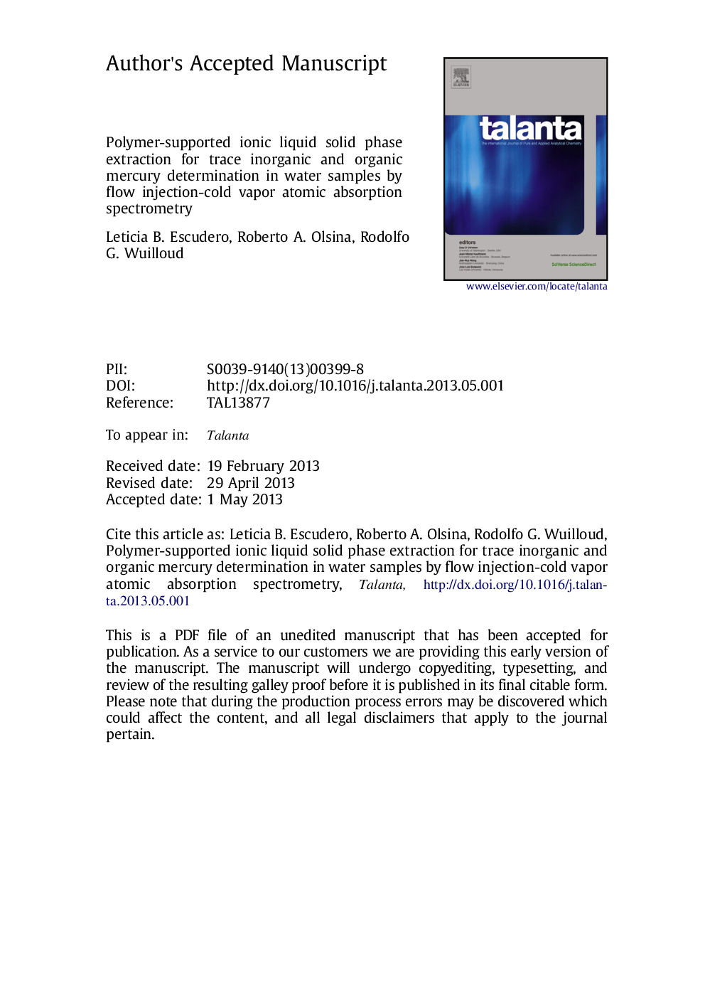 Polymer-supported ionic liquid solid phase extraction for trace inorganic and organic mercury determination in water samples by flow injection-cold vapor atomic absorption spectrometry