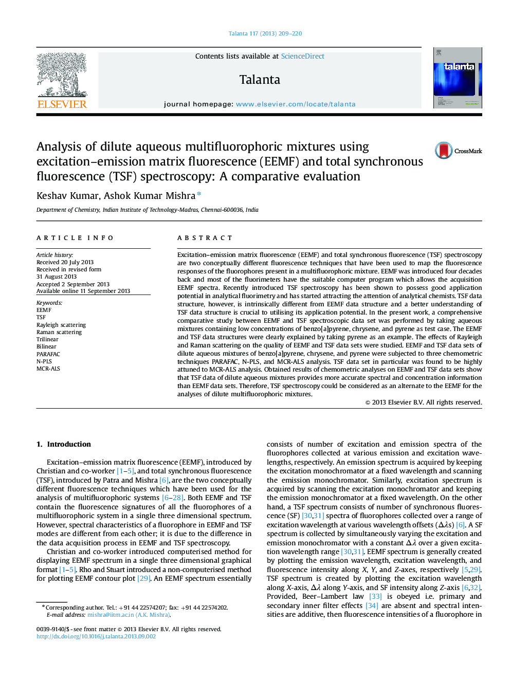 Analysis of dilute aqueous multifluorophoric mixtures using excitation-emission matrix fluorescence (EEMF) and total synchronous fluorescence (TSF) spectroscopy: A comparative evaluation