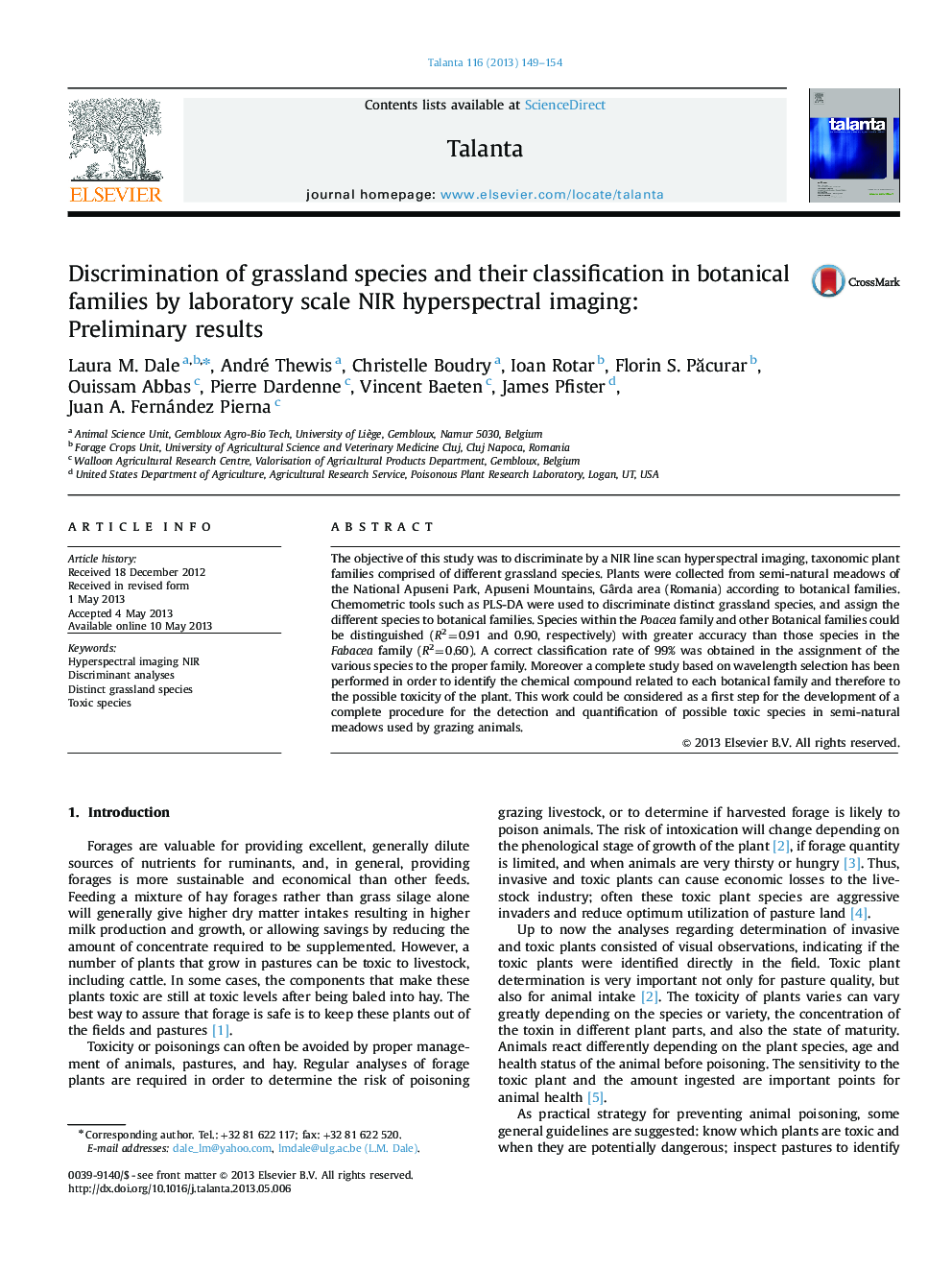 Discrimination of grassland species and their classification in botanical families by laboratory scale NIR hyperspectral imaging: Preliminary results