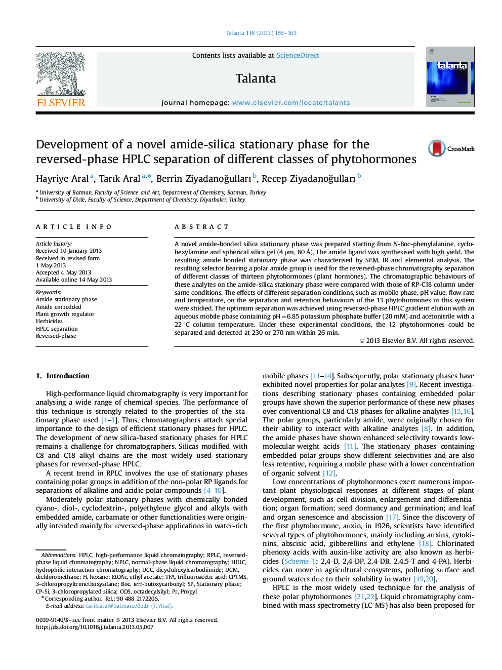 Development of a novel amide-silica stationary phase for the reversed-phase HPLC separation of different classes of phytohormones