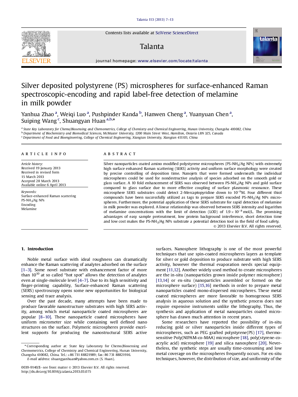 Silver deposited polystyrene (PS) microspheres for surface-enhanced Raman spectroscopic-encoding and rapid label-free detection of melamine in milk powder