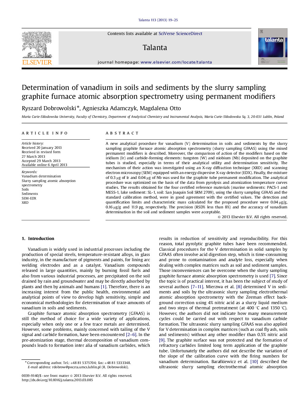 Determination of vanadium in soils and sediments by the slurry sampling graphite furnace atomic absorption spectrometry using permanent modifiers