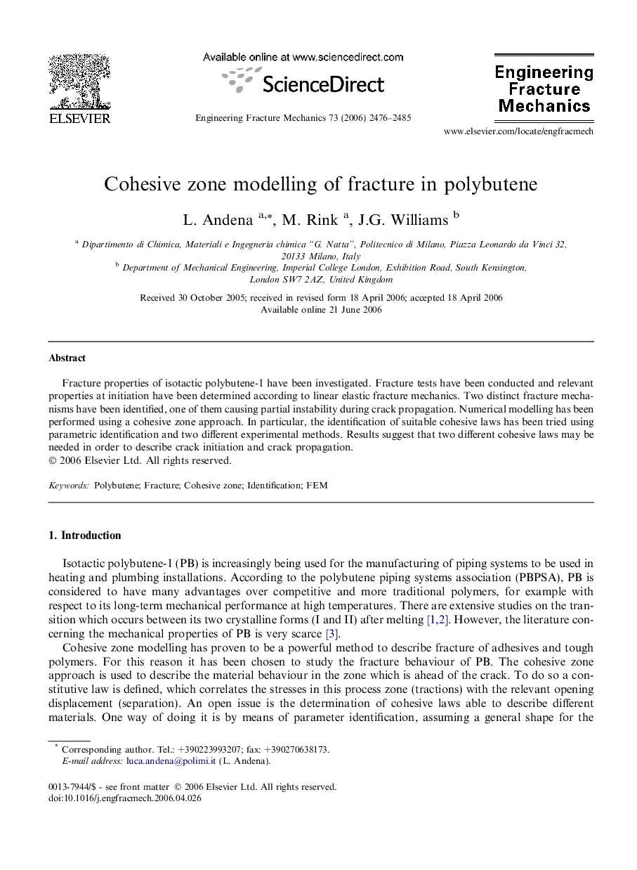 Cohesive zone modelling of fracture in polybutene