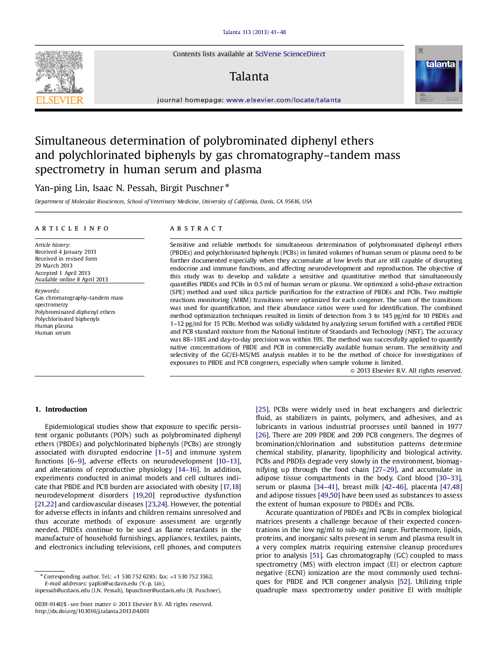 Simultaneous determination of polybrominated diphenyl ethers and polychlorinated biphenyls by gas chromatography-tandem mass spectrometry in human serum and plasma