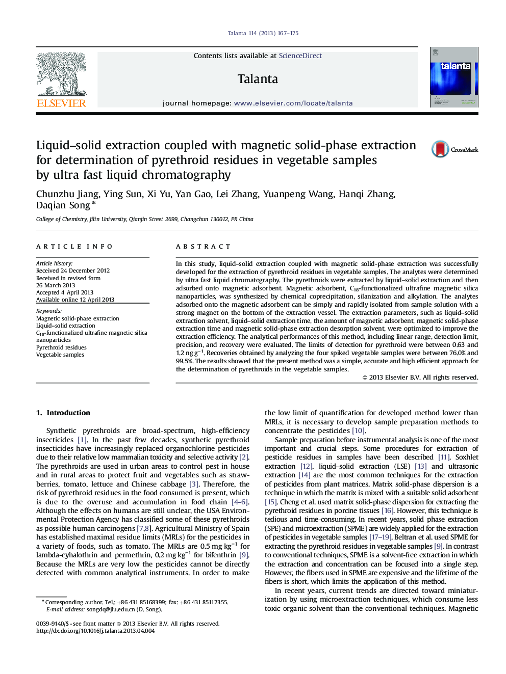 Liquid-solid extraction coupled with magnetic solid-phase extraction for determination of pyrethroid residues in vegetable samples by ultra fast liquid chromatography