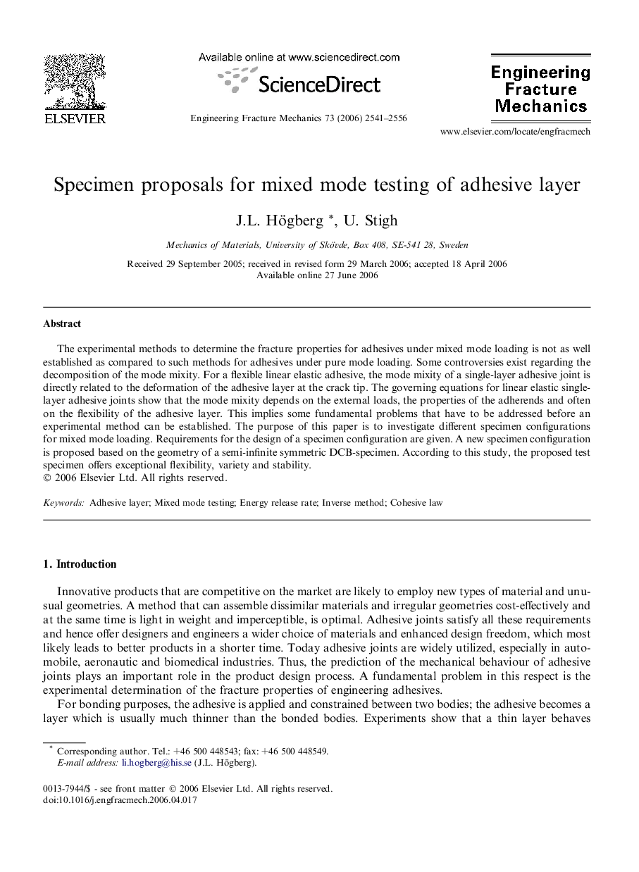 Specimen proposals for mixed mode testing of adhesive layer