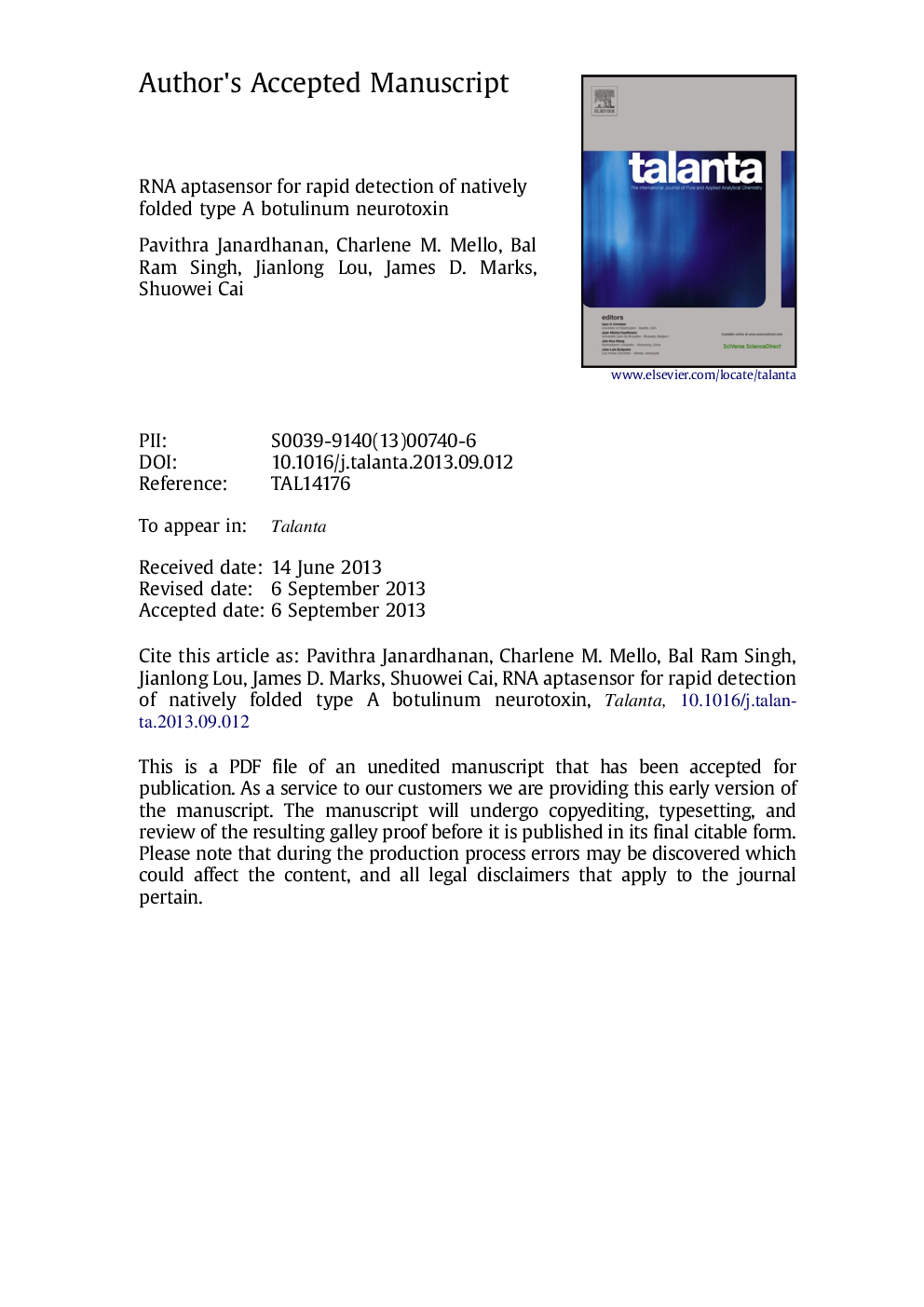 RNA aptasensor for rapid detection of natively folded type A botulinum neurotoxin