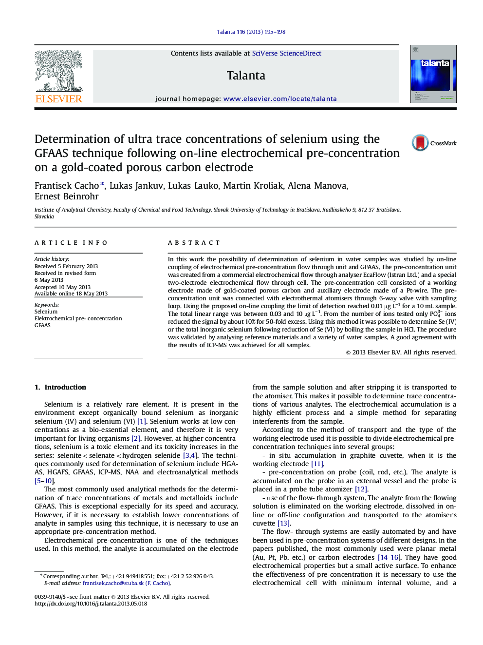 Determination of ultra trace concentrations of selenium using the GFAAS technique following on-line electrochemical pre-concentration on a gold-coated porous carbon electrode