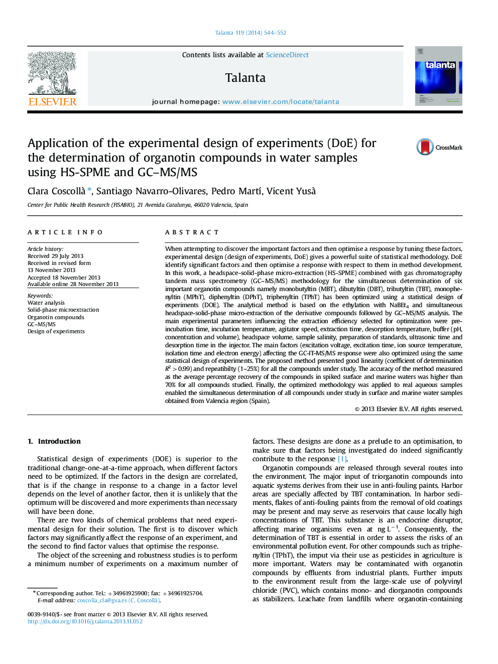 Application of the experimental design of experiments (DoE) for the determination of organotin compounds in water samples using HS-SPME and GC-MS/MS