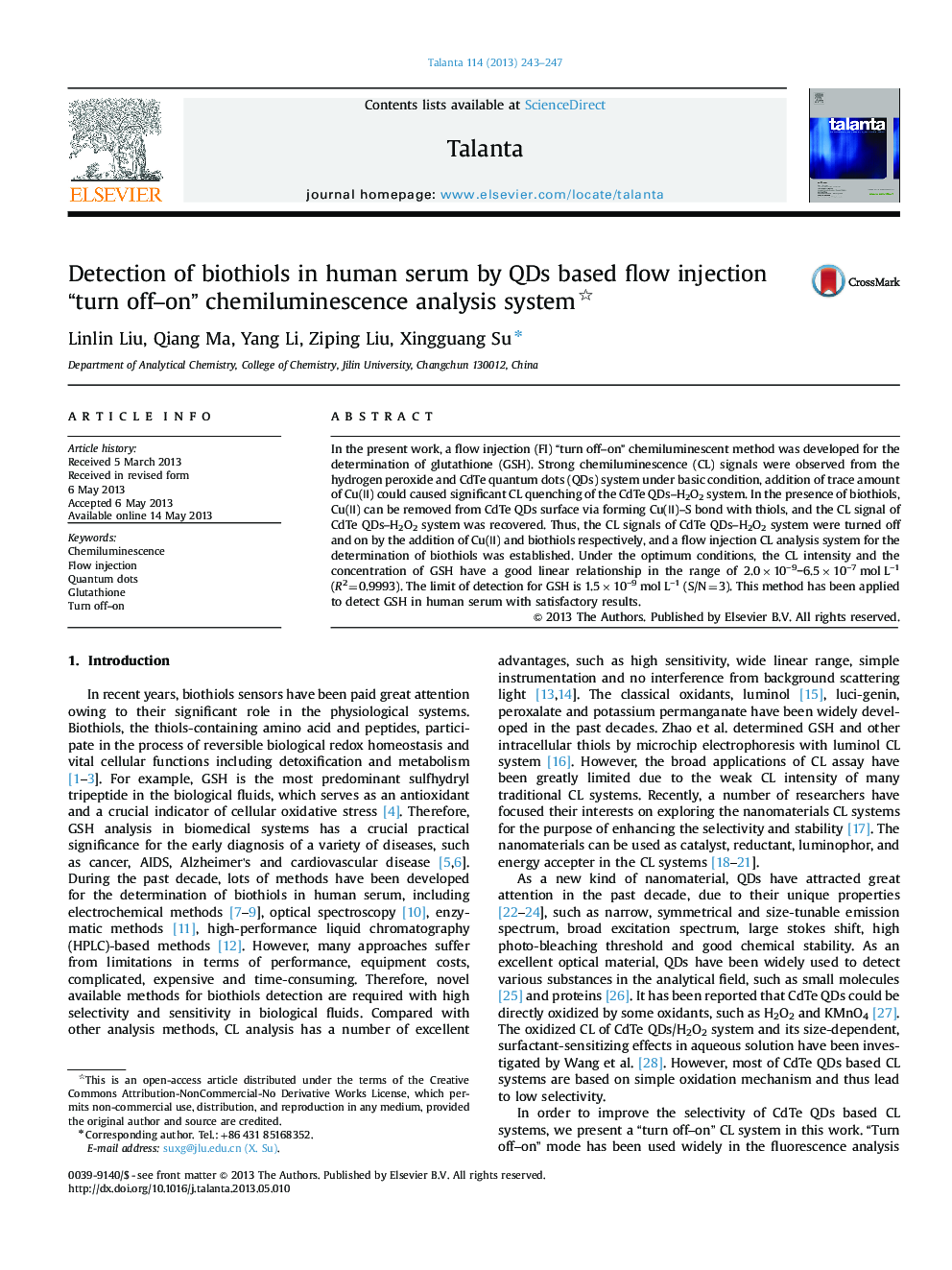 Detection of biothiols in human serum by QDs based flow injection “turn off-on” chemiluminescence analysis system