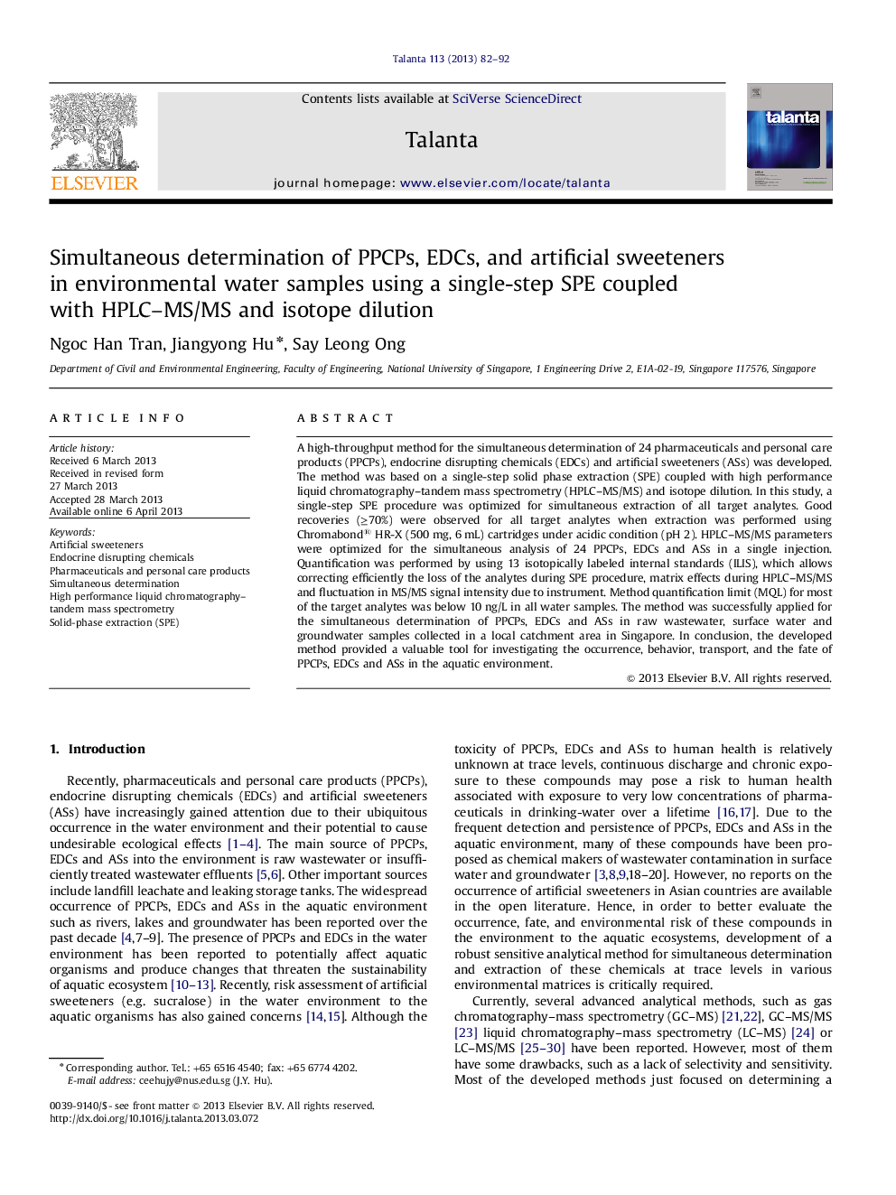 Simultaneous determination of PPCPs, EDCs, and artificial sweeteners in environmental water samples using a single-step SPE coupled with HPLC-MS/MS and isotope dilution