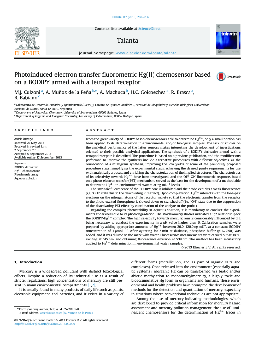 Photoinduced electron transfer fluorometric Hg(II) chemosensor based on a BODIPY armed with a tetrapod receptor