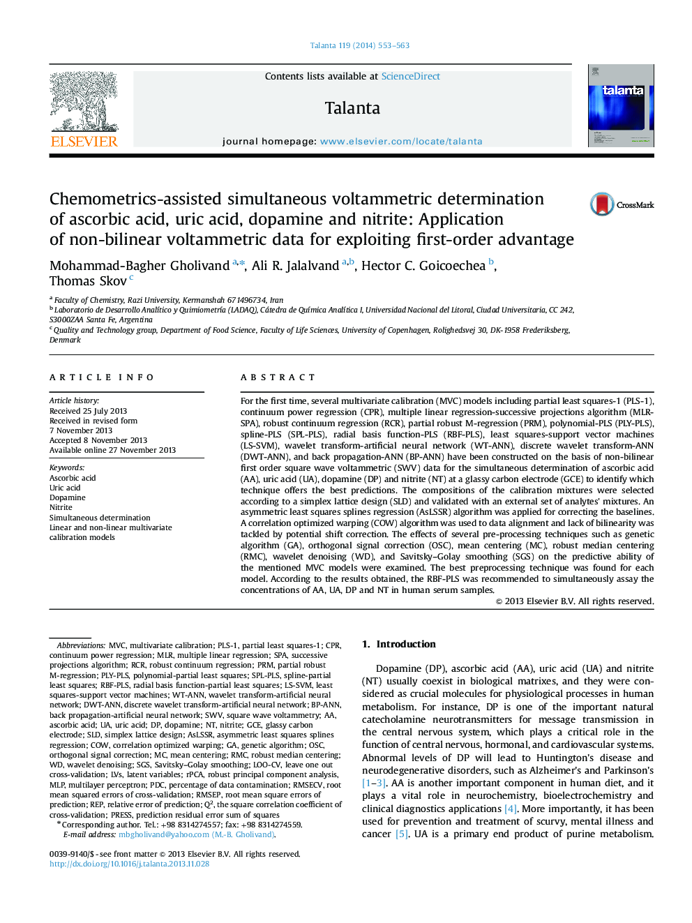 Chemometrics-assisted simultaneous voltammetric determination of ascorbic acid, uric acid, dopamine and nitrite: Application of non-bilinear voltammetric data for exploiting first-order advantage