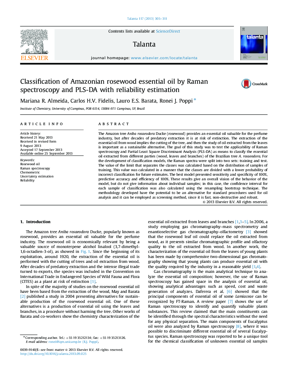 Classification of Amazonian rosewood essential oil by Raman spectroscopy and PLS-DA with reliability estimation