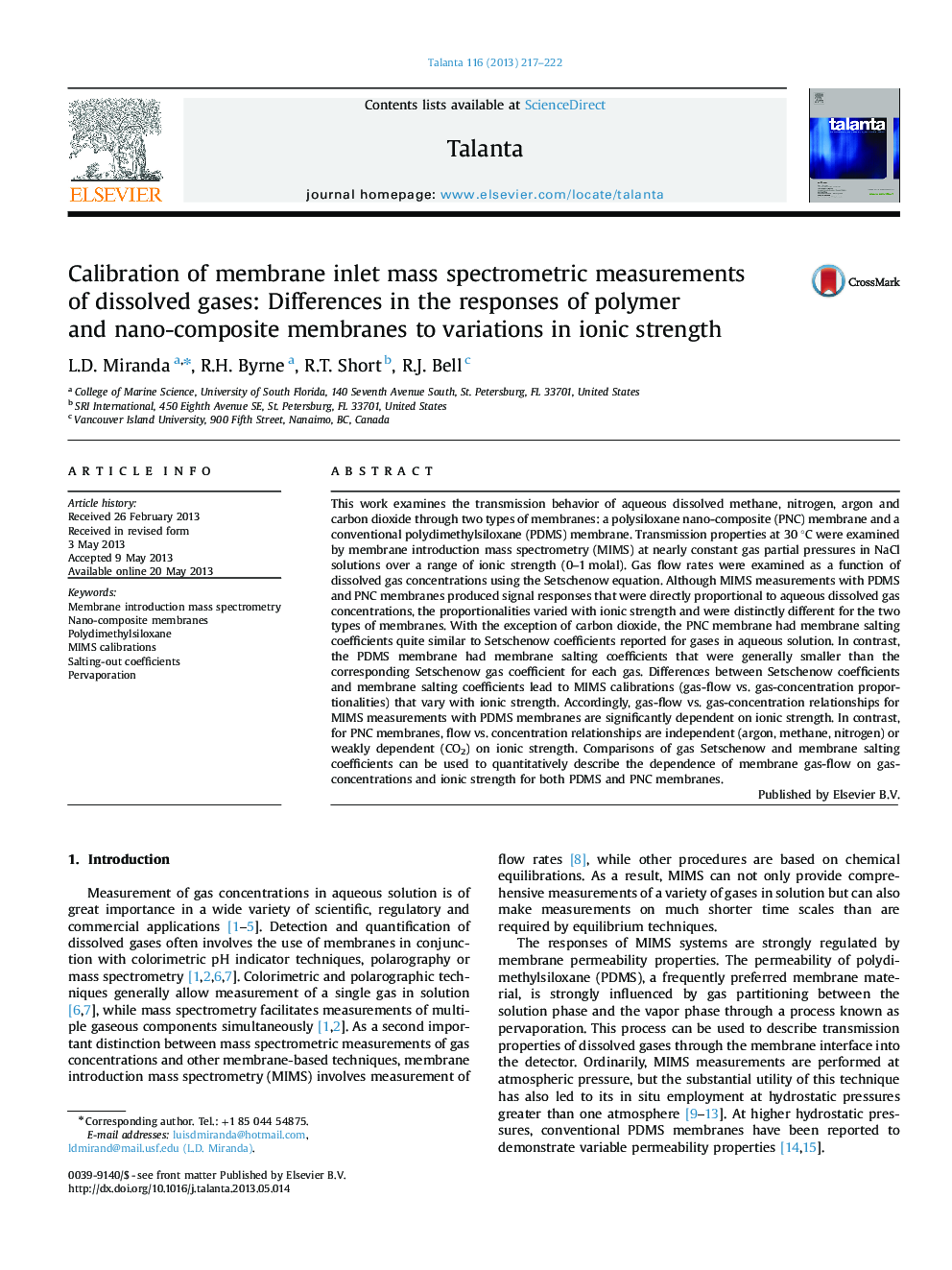 Calibration of membrane inlet mass spectrometric measurements of dissolved gases: Differences in the responses of polymer and nano-composite membranes to variations in ionic strength