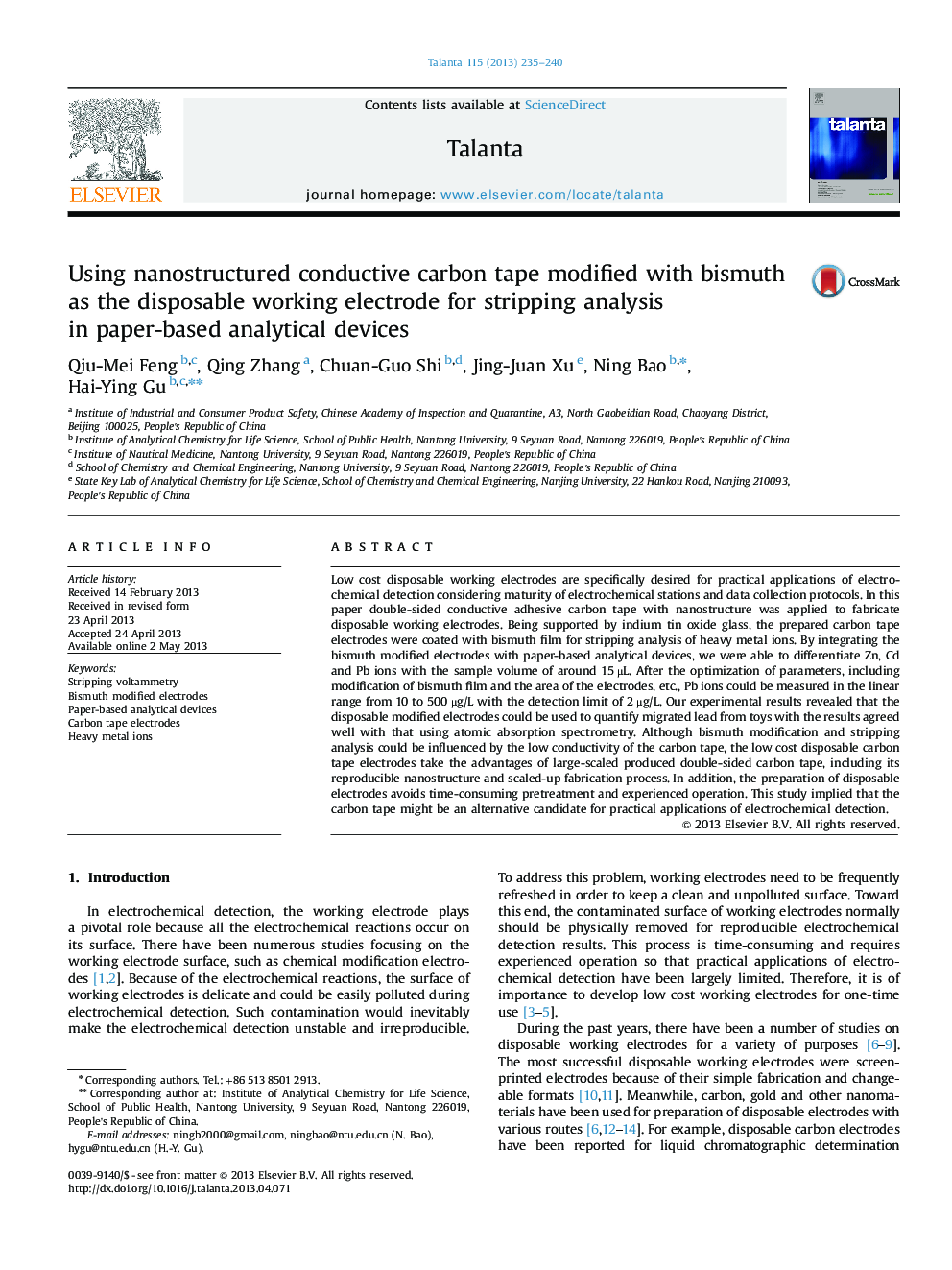 Using nanostructured conductive carbon tape modified with bismuth as the disposable working electrode for stripping analysis in paper-based analytical devices