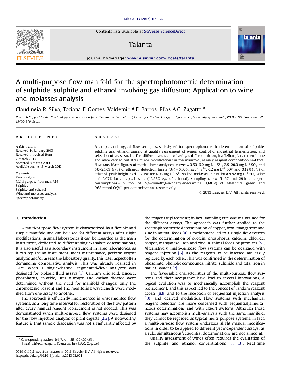 یک منیفولد جریان چند منظوره برای تعیین اسپکتروفتومتری سولفید، سولفیت و اتانول شامل انتشار گاز: کاربرد آن در تجزیه و تحلیل شراب و ملاس 
