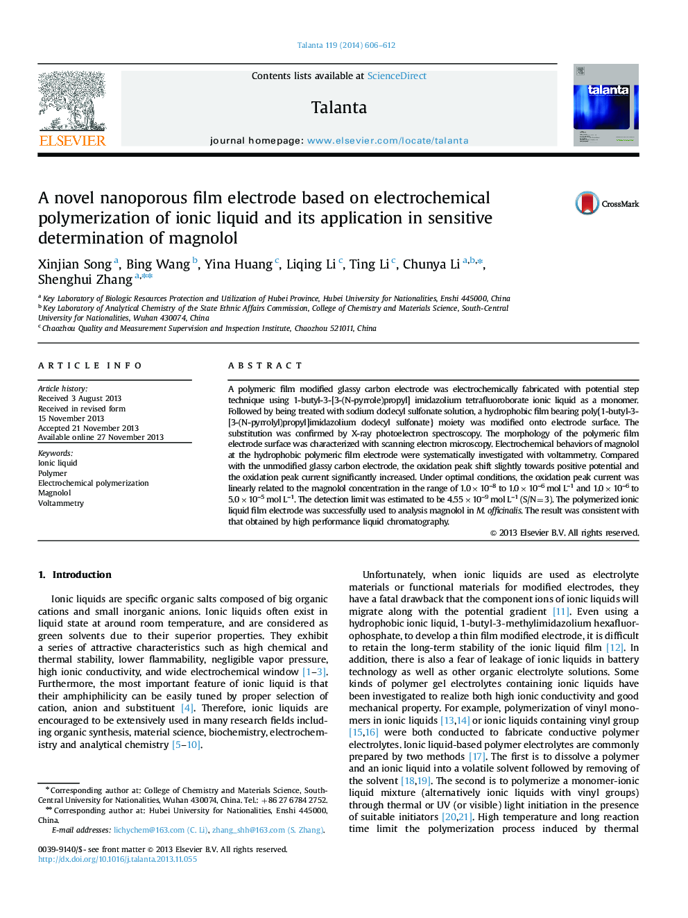 A novel nanoporous film electrode based on electrochemical polymerization of ionic liquid and its application in sensitive determination of magnolol